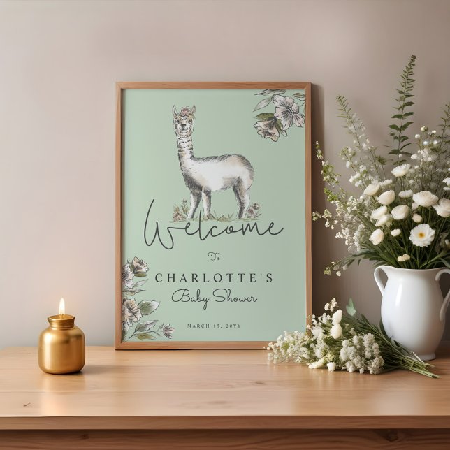 Niedliche Blumendusche Lama Alpaca Begrüßung Poster (Cute Floral Llama Alpaca Baby Shower Welcome Poster)