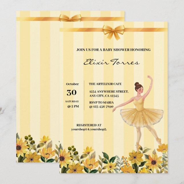 Niedliche Blumengelbe Ballerina Ribbon Babydusche Einladung (Vorne/Hinten)