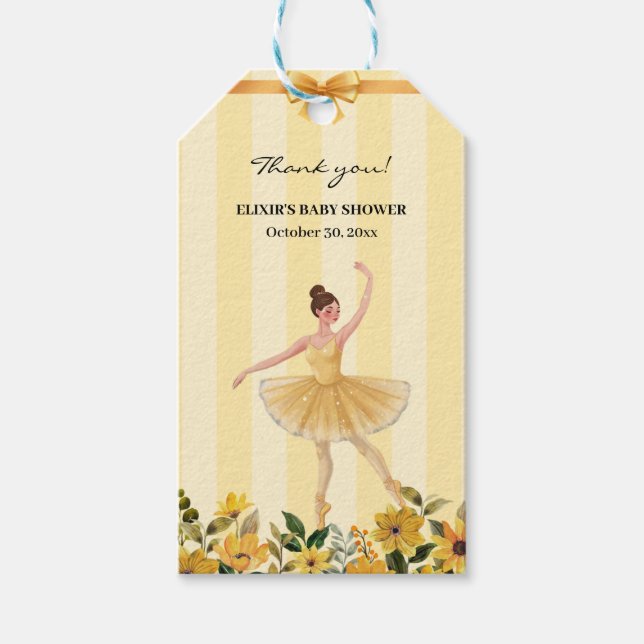 Niedliche Blumengelbe Ballerina Ribbon Babydusche Geschenkanhänger (Vorderseite)
