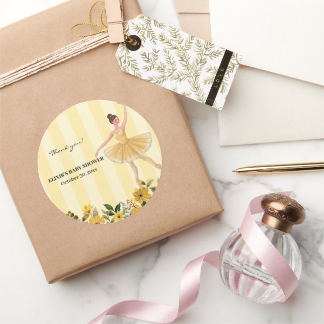 Niedliche Blumengelbe Ballerina Ribbon Babydusche Runder Aufkleber (Schenken)