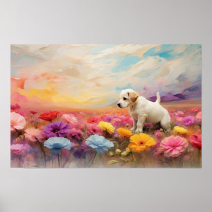 Niedliche, blumengeschmückte stehende Welpe zum Do Poster