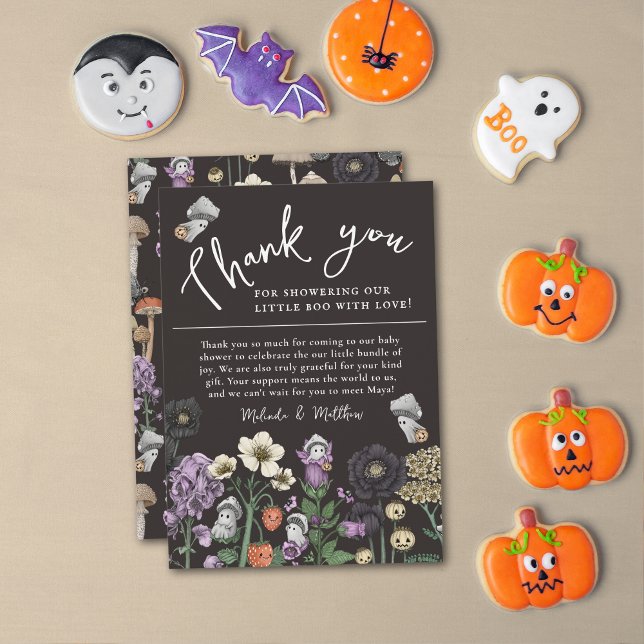 Niedliche Blumenghost Halloween Kinderdusche Viele Dankeskarte (Black Halloween Baby Shower Thank you cards with mushroom ghosts and flowers. )