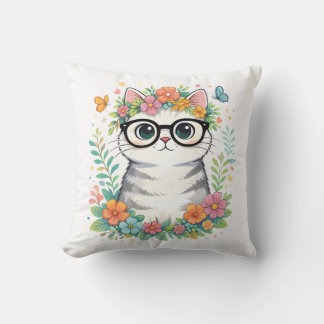 Niedliche Blumenkatze mit Brille Kissen