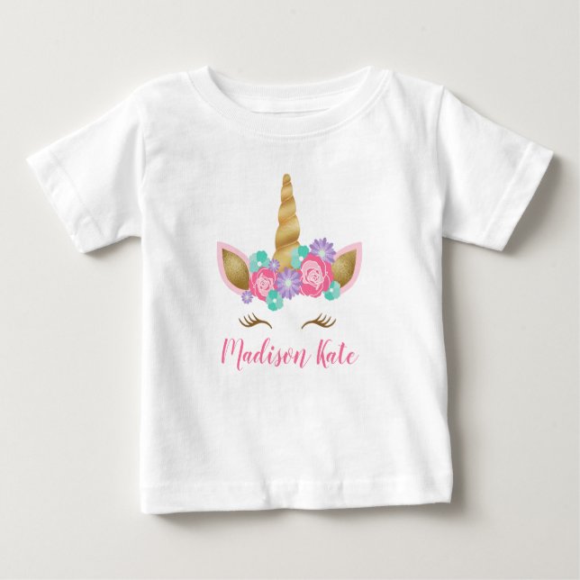 Niedliche Blumenkrone Einhorn Gesicht Erster Gebur Baby T-shirt (Vorderseite)