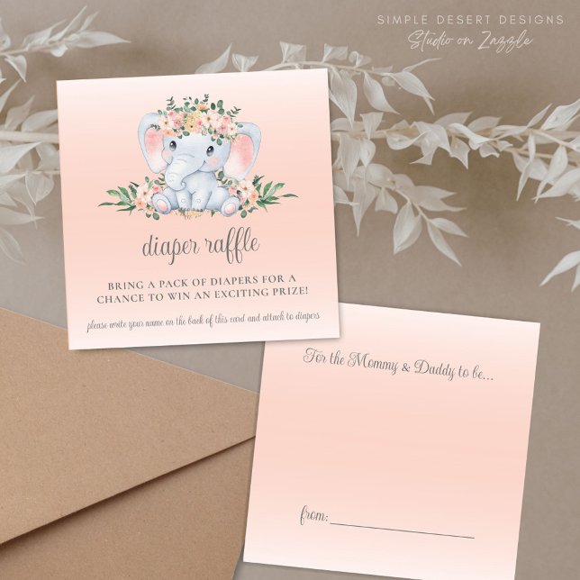 Niedliche Blumenlephant Babydusche Windelwanne Begleitkarte (Sweet Blush Pink Floral Greenery Baby Shower Diaper Raffle Cards with Cute Elephant)