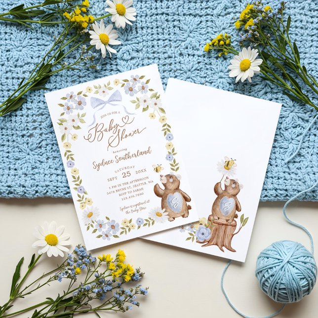 Niedliche Blumenwald-Babydusche Einladung (Cute Floral Woodland Knitted Bear Baby Boy Shower Invitation)