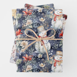 Niedliche Blumenwelt Winter Snowmen Blaue Wasserfa Geschenkpapier Set