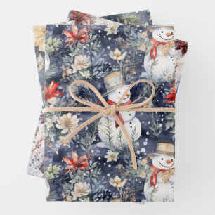 Niedliche Blumenwelt Winter Snowmen Blaue Wasserfa Geschenkpapier Set