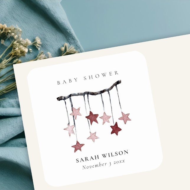 Niedliche Blush Pink Star Mobile Baby Dusche Quadratischer Aufkleber (Von Creator hochgeladen)