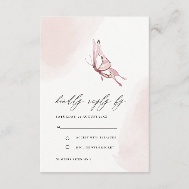 NIEDLICHE BLUSH WATERCOLOR BUTTERFLY WEDING RSVP BEGLEITKARTE (Vorderseite)