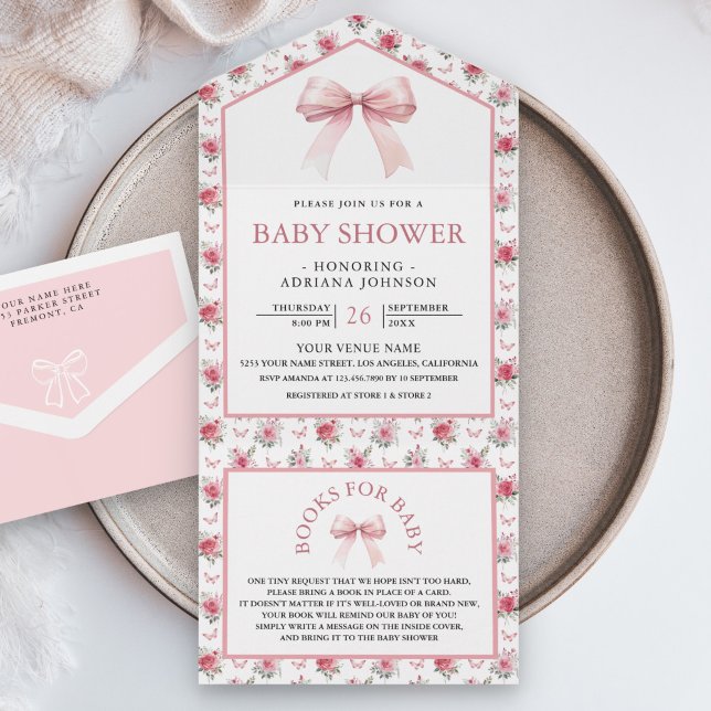 Niedliche Blütenfarbe Rosa Coquette Bow Babydusche All In One Einladung (Von Creator hochgeladen)