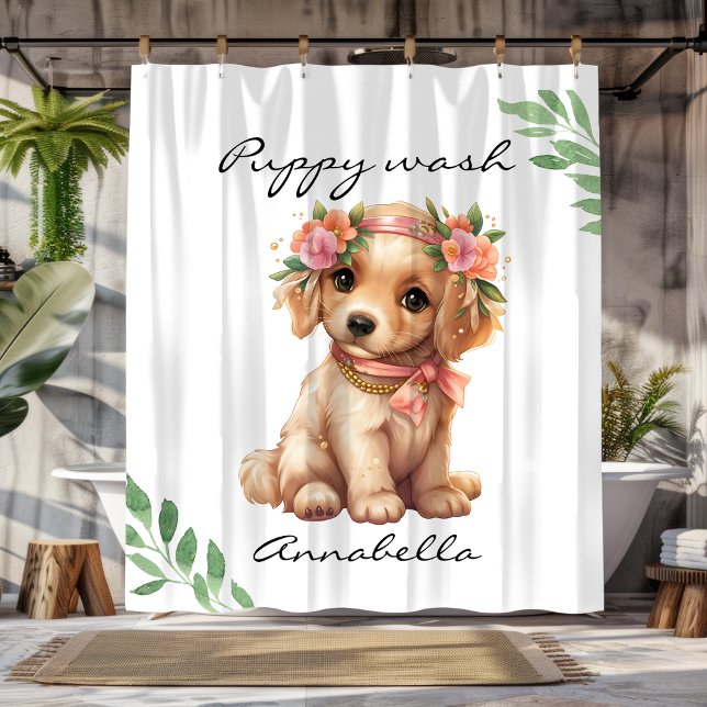 Niedliche Blütengolden Retriever Welpe Duschvorhang (Cute Floral Golden Retriever Puppy Shower Curtain)