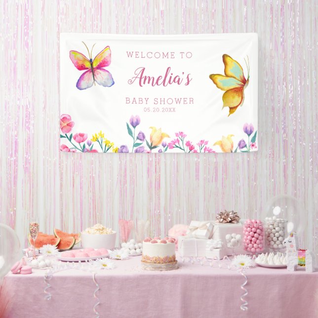 Niedliche Blütenschmetterling Pink Babydusche Banner (Party)