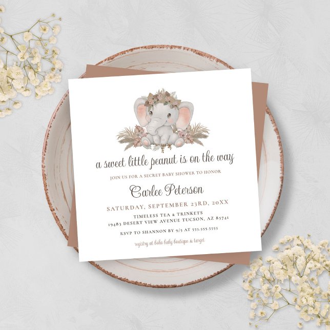 Niedliche Boho Floral Elephant Babydusche Einladun (Unique Boho Baby Shower Invitation with Cute Elephant and Bohemian Floral with Pampas Grass)