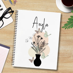Niedliche Boho Line Art Blume und Schmetterlinge W Notizbuch