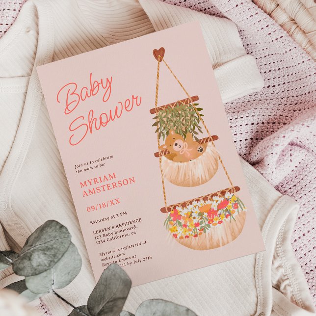 Niedliche Boho-Teddybär geschlechtsneutrale Babydu Einladung (Cute boho teddy bear gender neutral baby shower invitation on pastel pink)