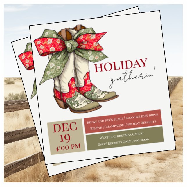 Niedliche Boots- und Bow Holiday Party Ankündigung (Western themed holiday party invitation that is fully customizable. )