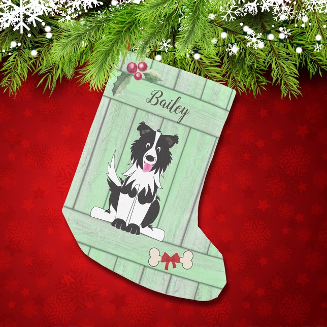 Niedliche Border Collie Green Holzzaun Monogramm Kleiner Weihnachtsstrumpf (Von Creator hochgeladen)