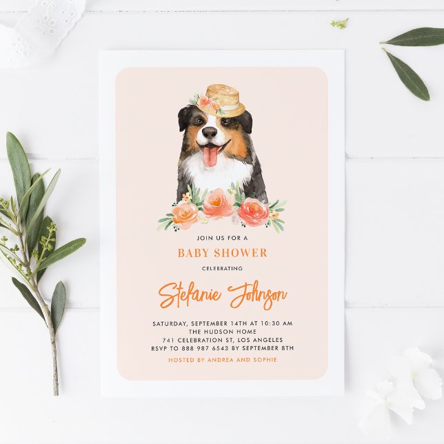 Niedliche Border Collie Peach Floral Baby Dusche Einladung (Von Creator hochgeladen)