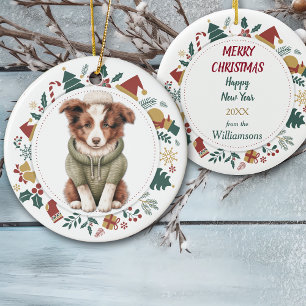 Niedliche Border Collie Welpe im Winter Sweater Keramik Ornament