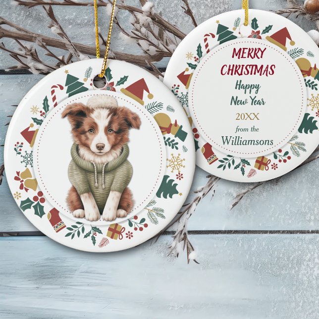 Niedliche Border Collie Welpe im Winter Sweater Keramik Ornament (Von Creator hochgeladen)