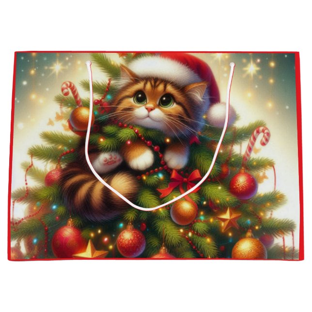 Niedliche, bösartige Katze im Weihnachtsbaum Große Geschenktüte (Vorderseite)