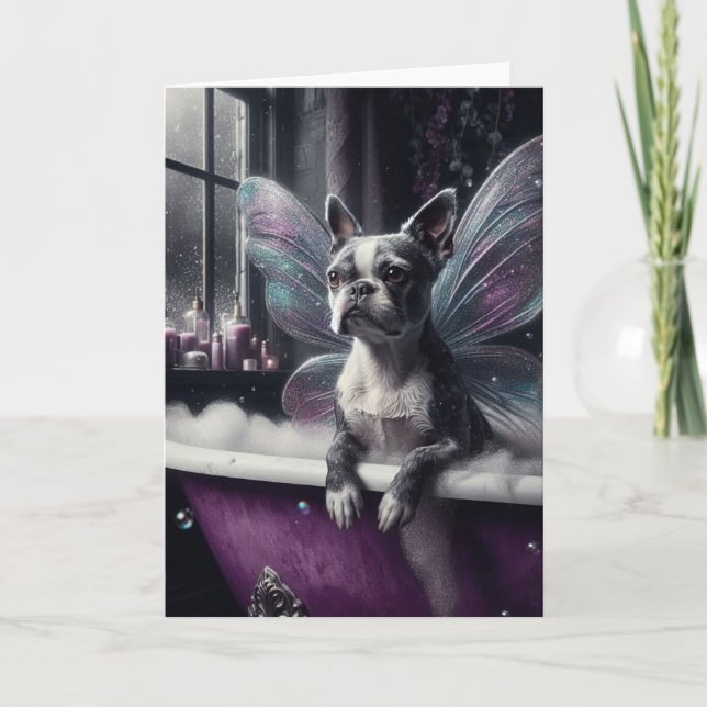 Niedliche Boston Terrier Fairy in einer Lila Badew Karte (Vorderseite)