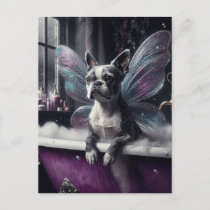 Niedliche Boston Terrier Fairy in einer Lila Badew Postkarte