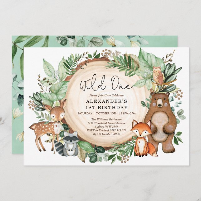 Niedliche botanische Waldtiere Wild 1 Geburtstag Einladung (Vorne/Hinten)