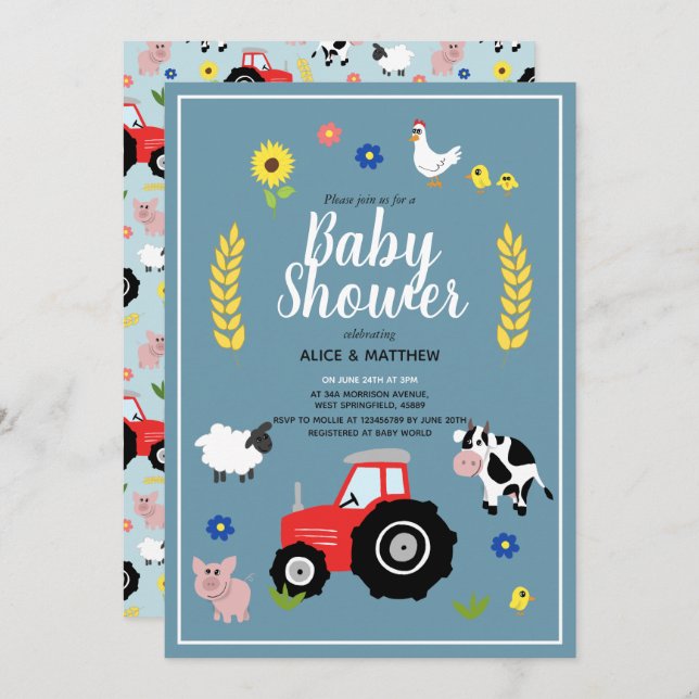 Niedliche Boys Country Farm Animal Traktor Baby Du Einladung (Vorne/Hinten)