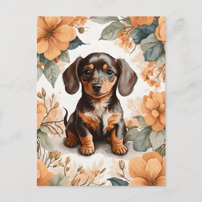 Niedliche braune Dackel Welpe Peach Floral Postkarte (Vorderseite)