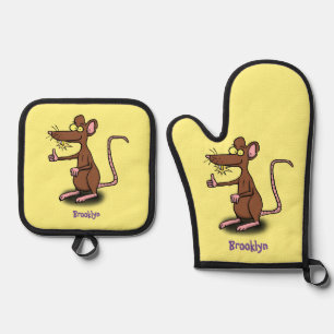 Niedliche braune Ratte hält Cartoon hoch Ofenhandschuh & Topflappen-Set
