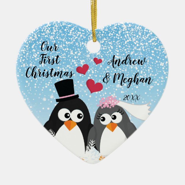 Niedliche Braut-BräutigamPenguins unser erstes Keramik Ornament (Vorne)