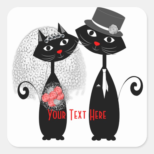 Niedliche Braut | Groom Wedding Cats Personalisier Quadratischer Aufkleber (Vorderseite)