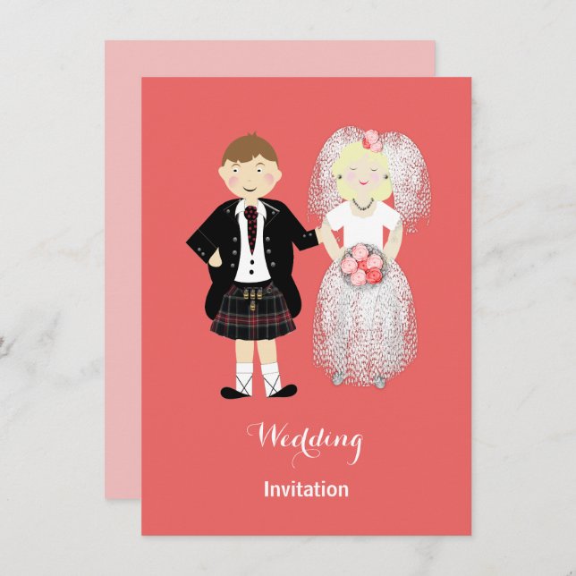 Niedliche Braut und Groom Scottish Wedding Theme Einladung (Vorne/Hinten)