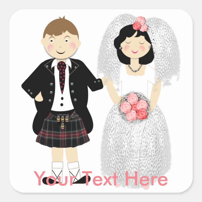 Niedliche Braut und Groom Scottish Wedding Theme Quadratischer Aufkleber (Vorderseite)