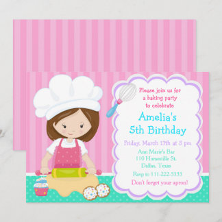 Niedliche Brünette Girl Baking Geburtstagsparty Einladung
