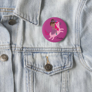 Niedliche Brünette Hair Riding on a Unicorn Button