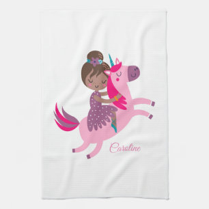 Niedliche Brünette Hair Riding on a Unicorn Geschirrtuch