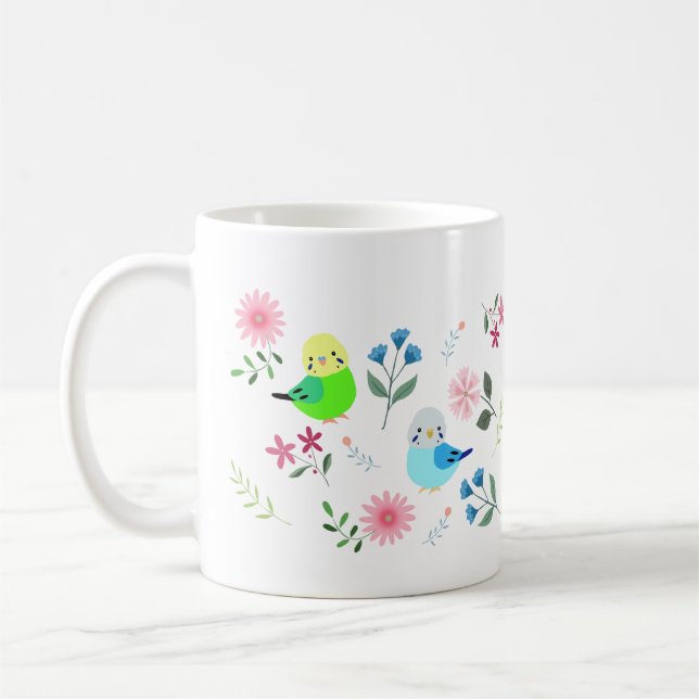 Niedliche Budgie Parakeet mit Blume Hübsche Vögel Kaffeetasse (Links)