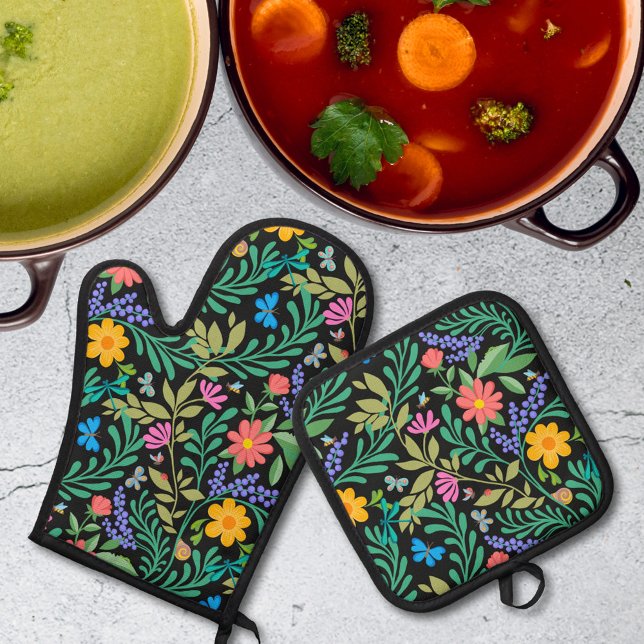 Niedliche Bugs Funny Girly Floral Spring Summer Pa Ofenhandschuh & Topflappen-Set (Von Creator hochgeladen)