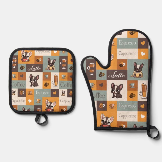Niedliche Bulldog-Kaffee-Liebe Ofenhandschuh & Topflappen-Set (Vorderseite)
