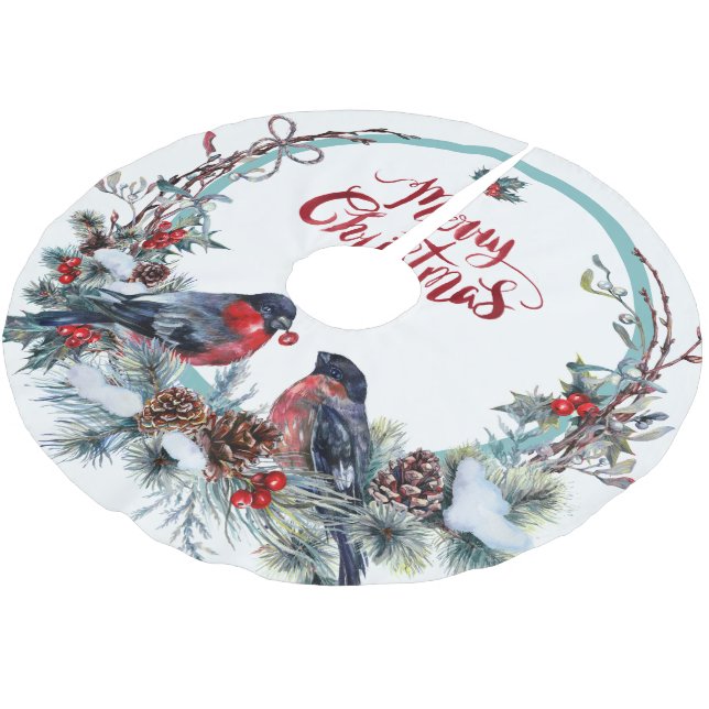 Niedliche Bullfinches Wreath - Frohe Weihnachten Polyester Weihnachtsbaumdecke (Schrägansicht)