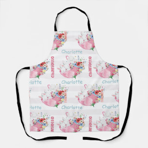 Niedliche Bunnies auf rosa Blumenmuster Name Schürze