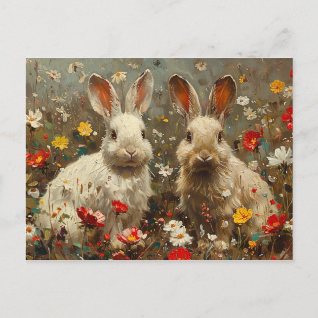 Niedliche bunnies in der Wildblume-Feldmalerei Postkarte (Vorderseite)