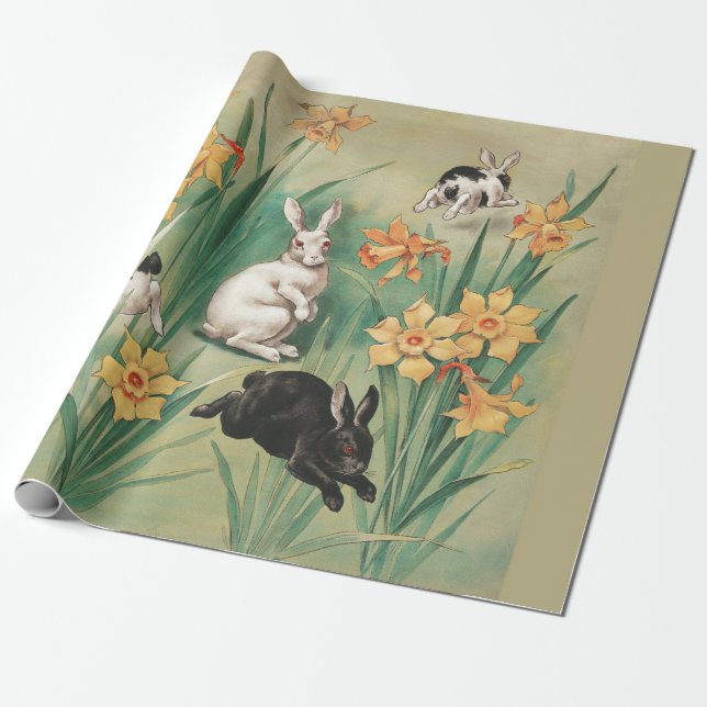 Niedliche Bunnies mit düsteren Blume Antikes Oster Geschenkpapier (Ungerollt)