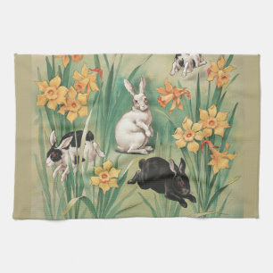 Niedliche Bunnies mit düsteren Blume Antikes Oster Geschirrtuch