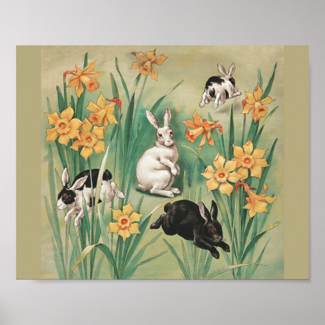 Niedliche Bunnies mit düsteren Blume Antikes Oster Poster (Vorne)