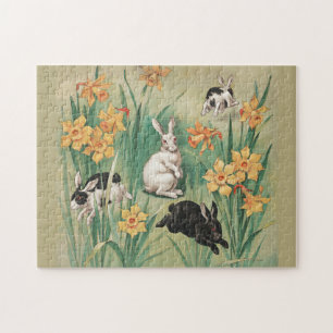 Niedliche Bunnies mit düsteren Blume Antikes Oster Puzzle