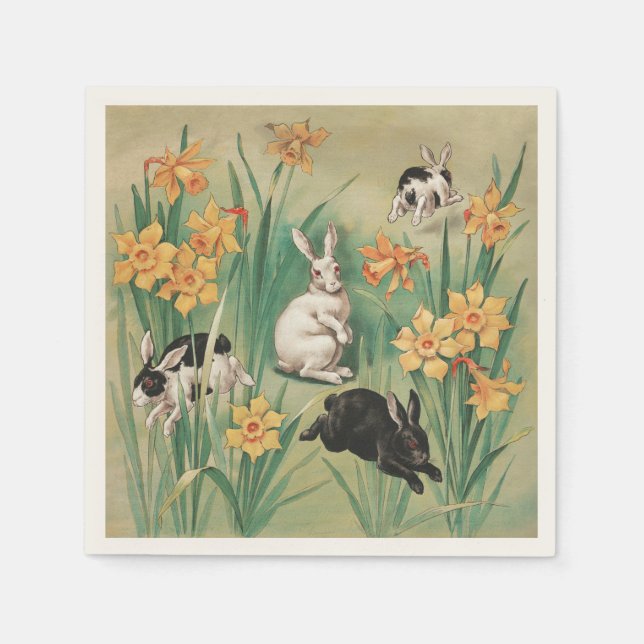 Niedliche Bunnies mit düsteren Blume Antikes Oster Serviette (Vorderseite)